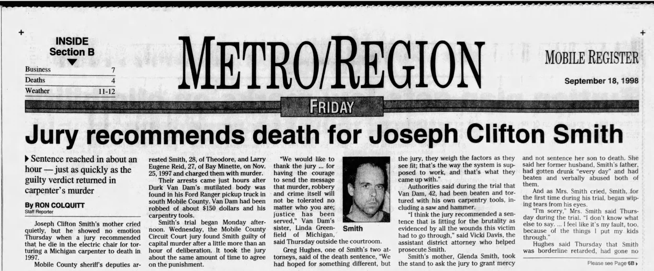 A newspaper clipping of a headline stating that Joseph Clifton Smith was sentenced to the death penalty in connection with a 1997 murder. The article includes a photo of Smith from the time.