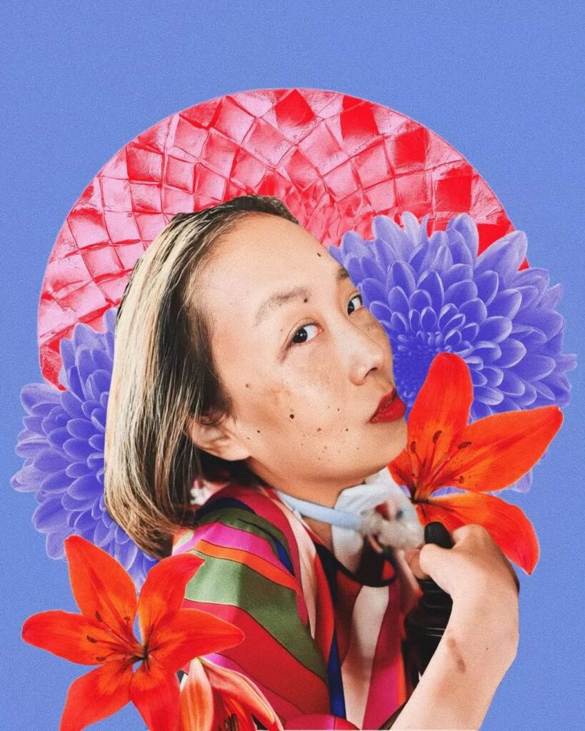 A stylized portrait of Alice Wong facing right, wearing a colorful striped garment and red lipstick, with a ventilator tube visible. She is framed by large red and purple flowers against a bright blue background, creating a bold, collage-like composition.