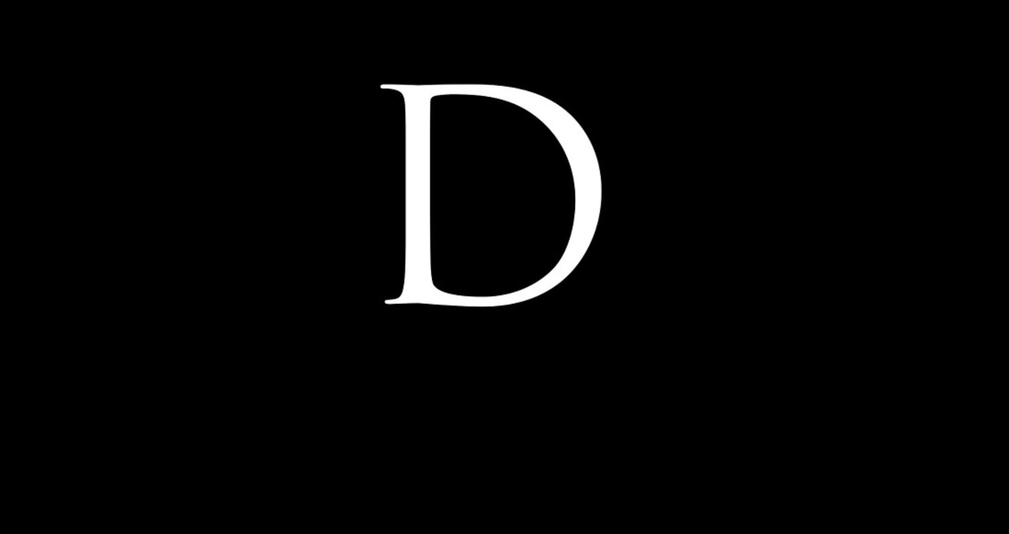 A capital letter D in white font against a black background.