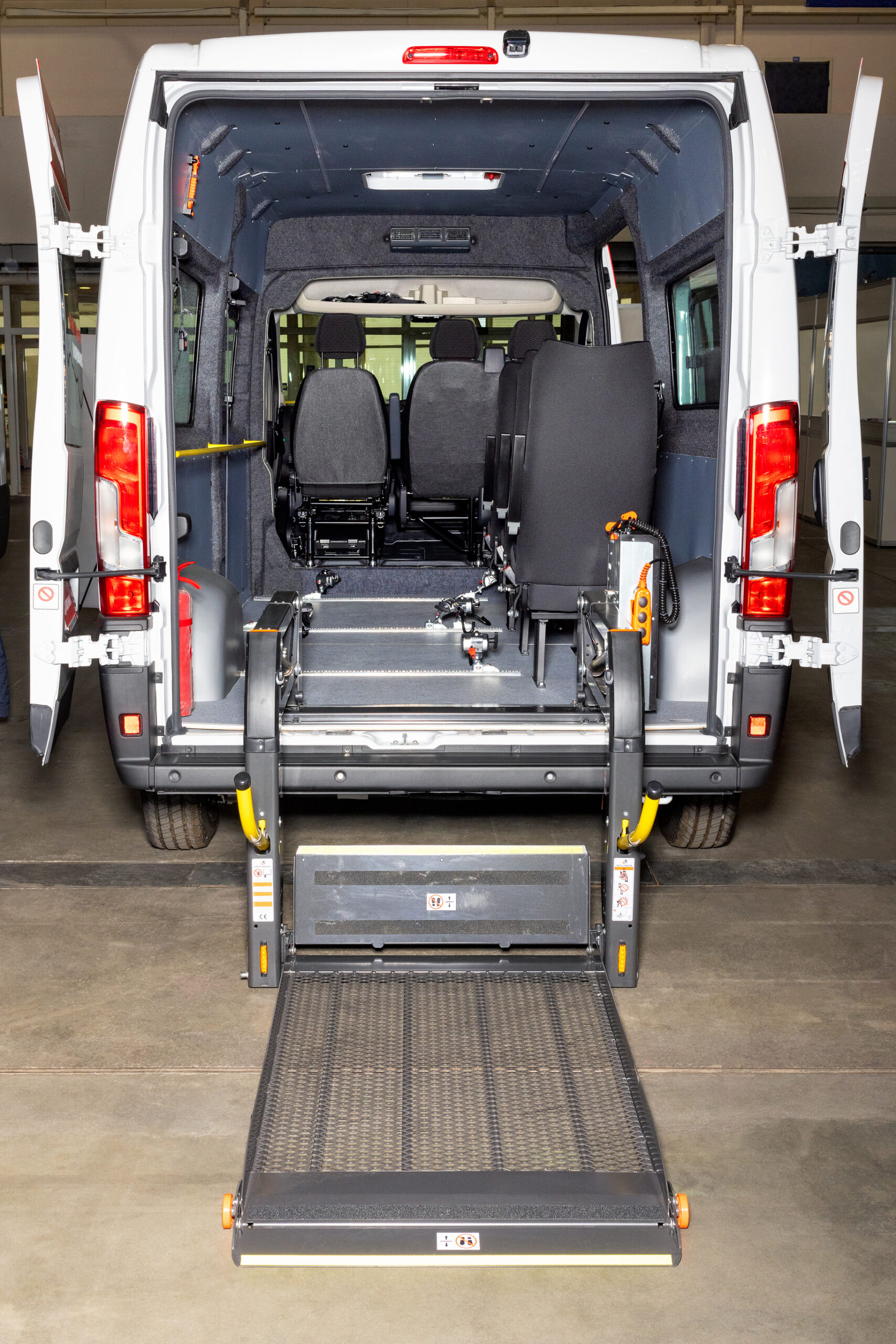 Rear of an accessible van with rear lift down