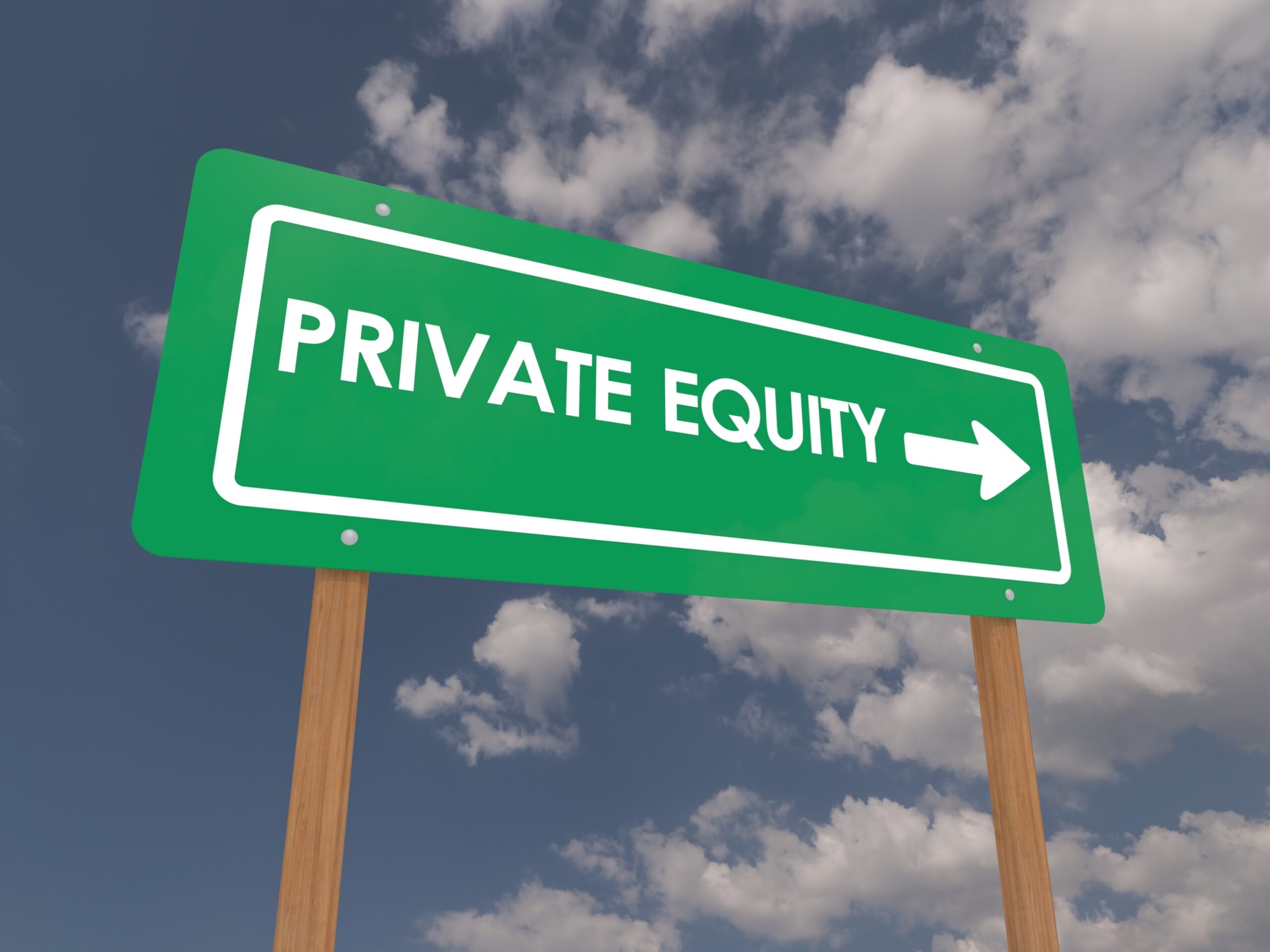 A green highway-style sign reading “PRIVATE EQUITY” with a white arrow pointing right stands against a blue sky filled with scattered clouds.