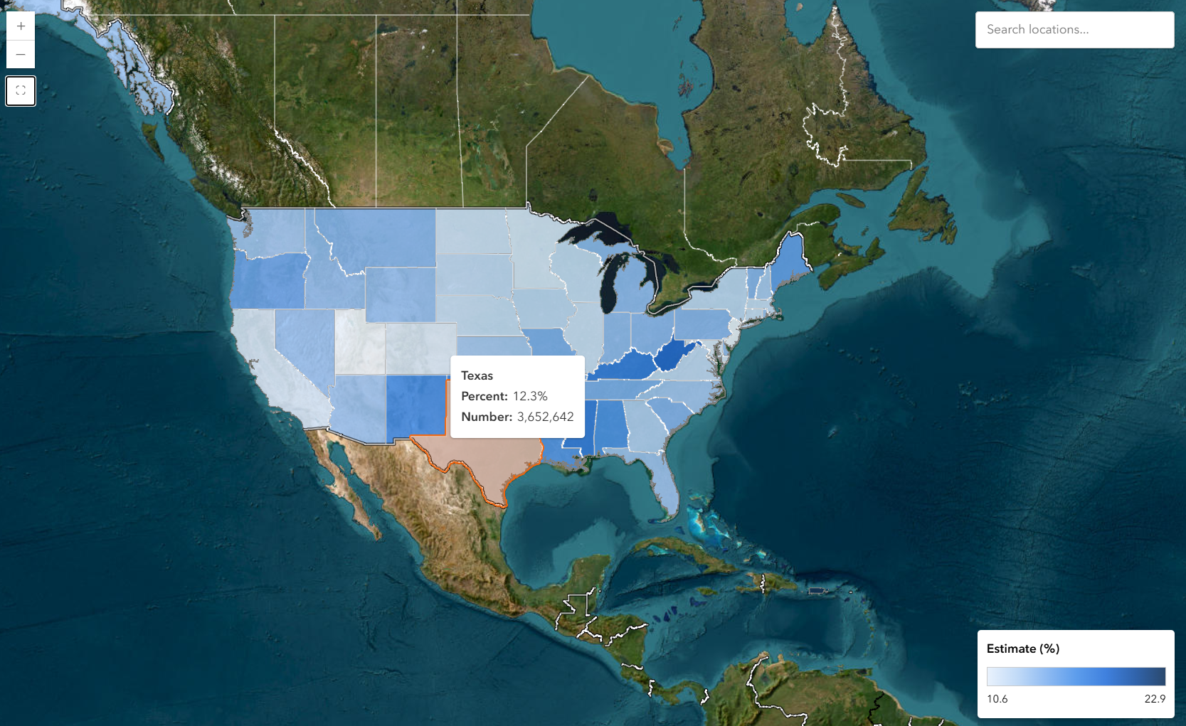 Image of a map of North America with a blue overlay on the US. A blurb about Texas having 13.6% of citizens being disabled is visible.