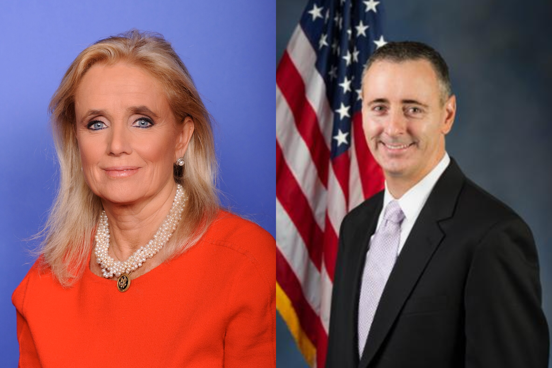 Portraits of Congresswoman Debbie Dingell in an orange top and pearl necklace and Congressman Congressman Brian Fitzpatrick in a dark suit and lavender tie, shown side by side.