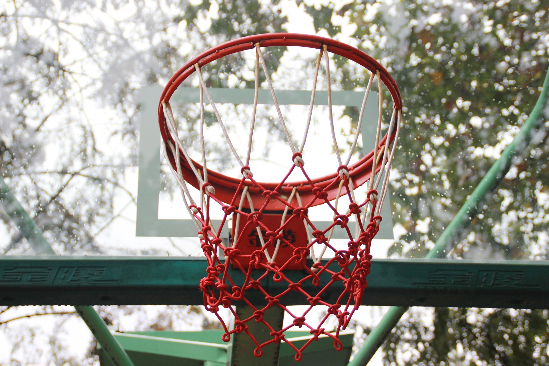 An outdoor basketball hoop with trees visible in the background.