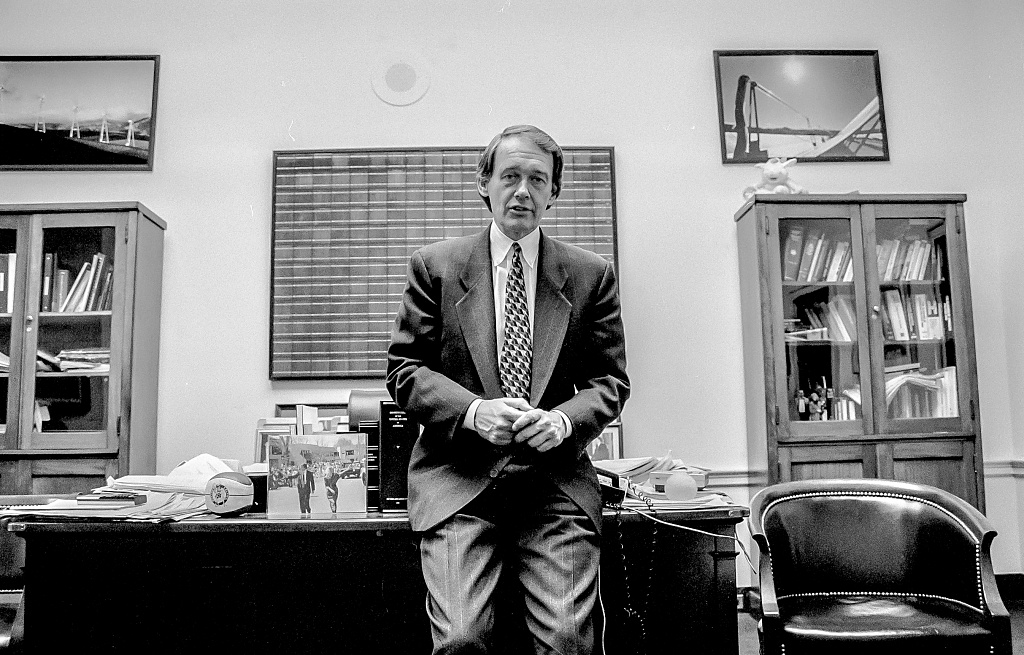 Ed Markey, in his office, the image is in black and white.
