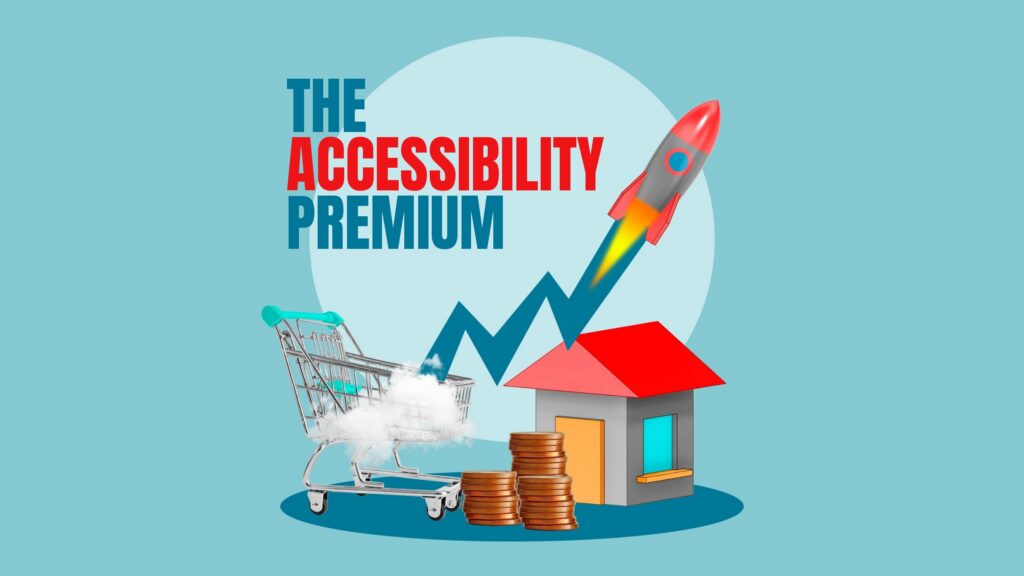 Illustration with the headline “The Accessibility Premium.” Beneath the headline, a zigzag arrow climbs from a shopping cart and ends in a rocket launching upward, next to a small house and stacks of coins.